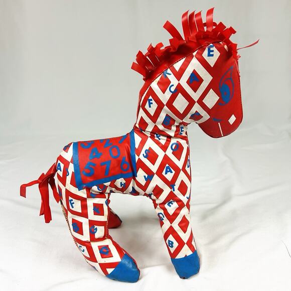 Vintage Vinyl Oil Cloth Stuffed Plush Horse Pony Red Blue Alphabet Numbers 13” - Picture 1 of 8